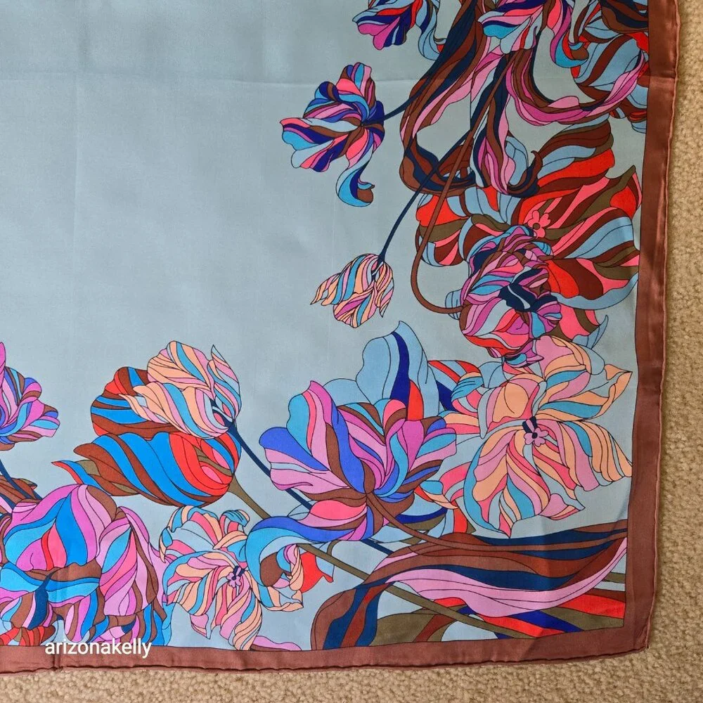 Eleganzza Silk Twill Scarf Floral Hand Rolled Edges